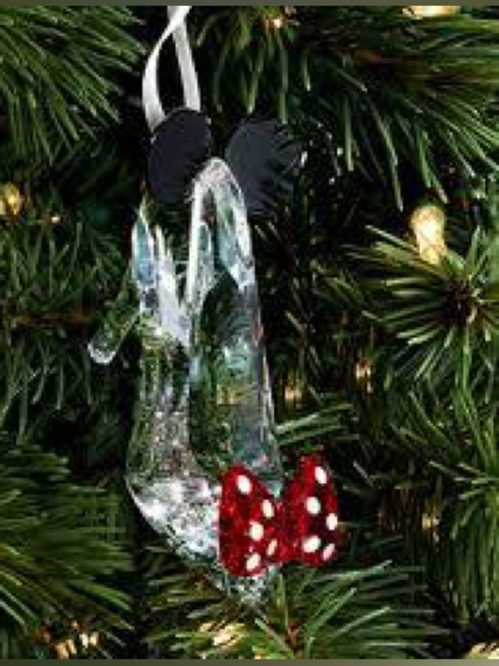 Glass Minnie Slipper Swarovski Ornament with Red Polka Dot Bow - Home Holiday